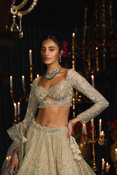 Ivory net lehenga embroidered with sequins and cutdana