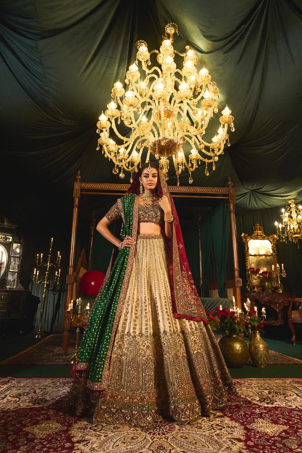 Gold Net Sequins & Cutdana Embroidered Lehenga Set