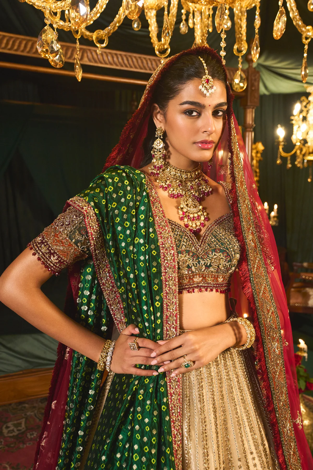 Gold Net Sequins & Cutdana Embroidered Lehenga Set