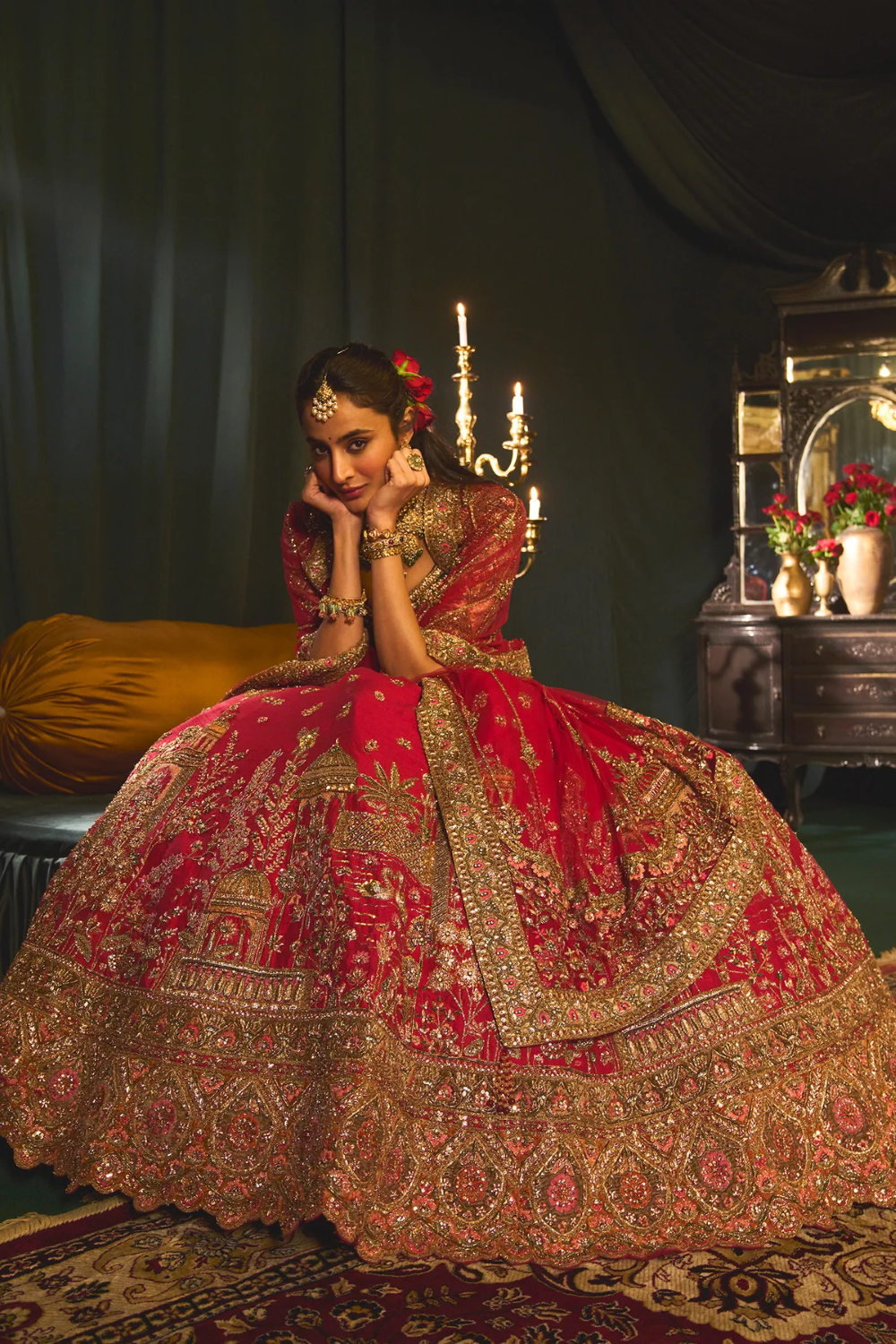 Red Dupion Silk Embroidery Sequin Leaf Neck Bridal Lehenga Set