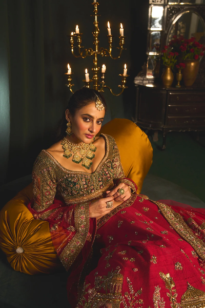 Red Dupion Silk Embroidery Sequin Leaf Neck Bridal Lehenga Set