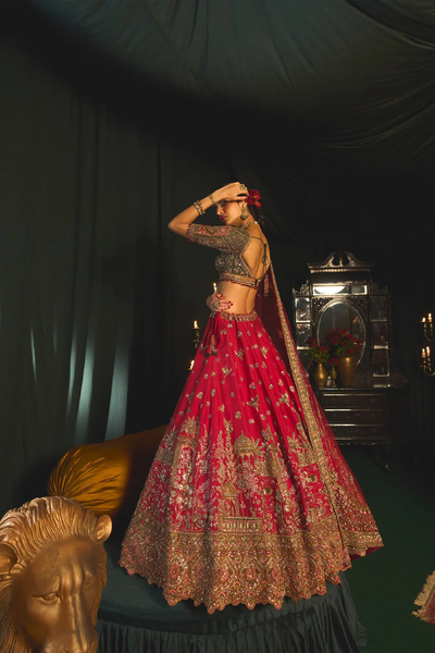 Red Dupion Silk Embroidery Sequin Leaf Neck Bridal Lehenga Set