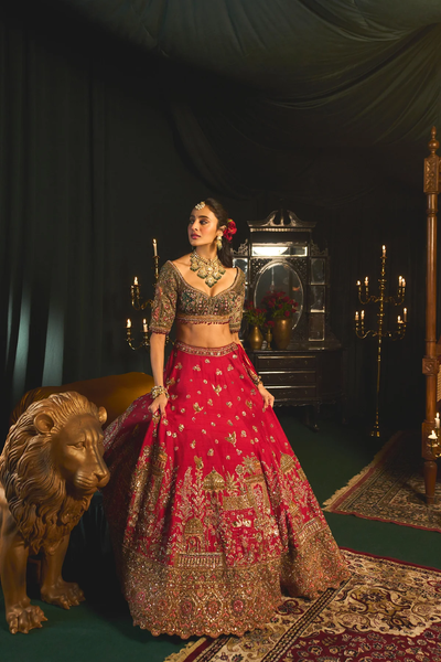 Red Dupion Silk Embroidery Sequin Leaf Neck Bridal Lehenga Set