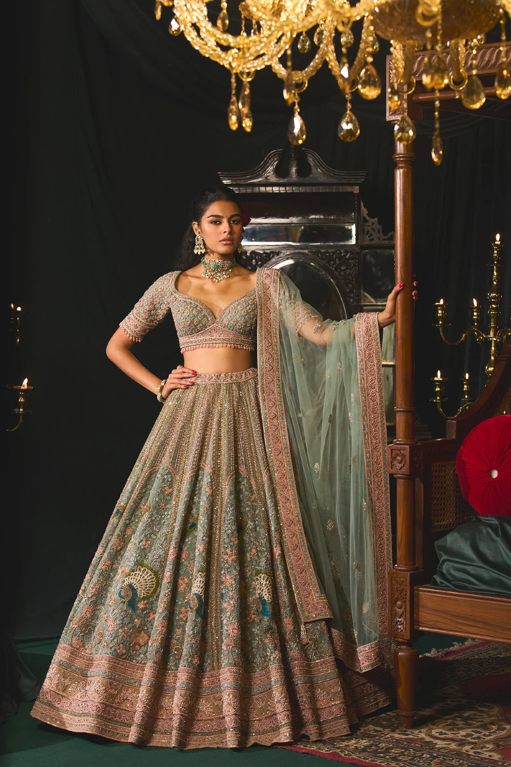 Green Zari Asaya Lehenge with zardosi and pearl detailing