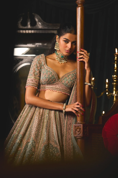 Green Zari Asaya Lehenge with zardosi and pearl detailing