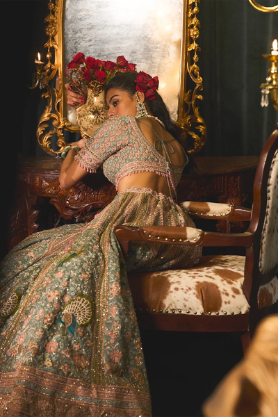 Green Zari Asaya Lehenge with zardosi and pearl detailing
