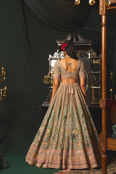 Green Zari Asaya Lehenge with zardosi and pearl detailing