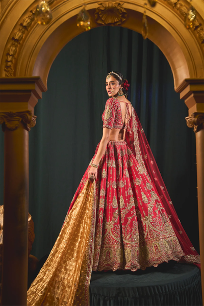 Dreamy zardosi and zari red bridal lehenga
