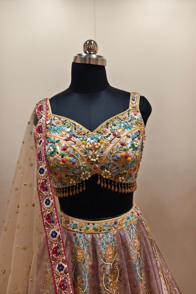 Delicate Pink Lehenga with Multicolored Floral Embroidery - Designer Ethnic Wear