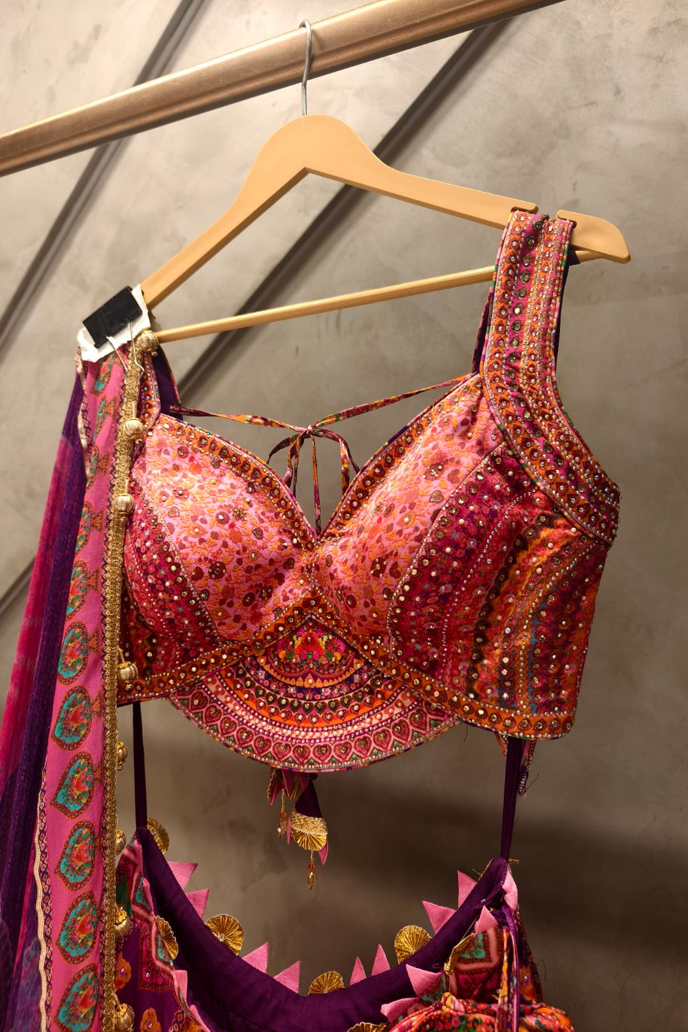 Pink Floral lehenga with hand zari