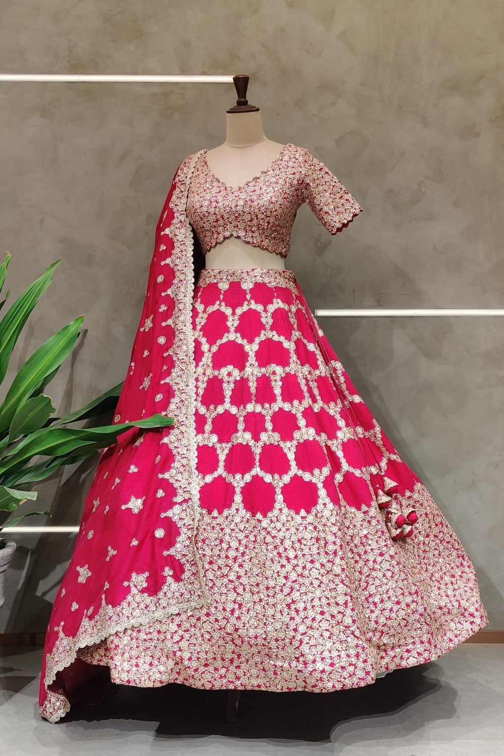 Red  Embroidered Sequin Sweetheart Neck Crystal Choli Lehenga Set