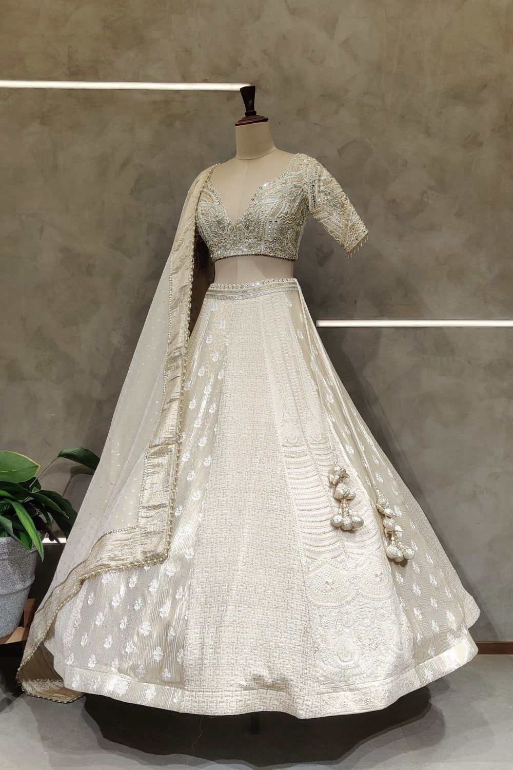 Off White  Embellished Floral Embroidered Blouse Lehenga Set