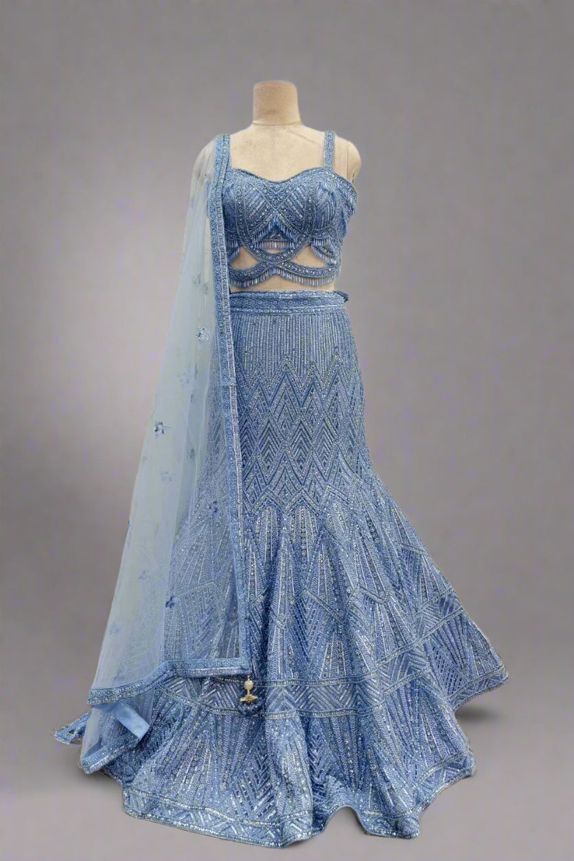 Blue  Embroidery Beads One Crystal And Sequin Lehenga With Blouse