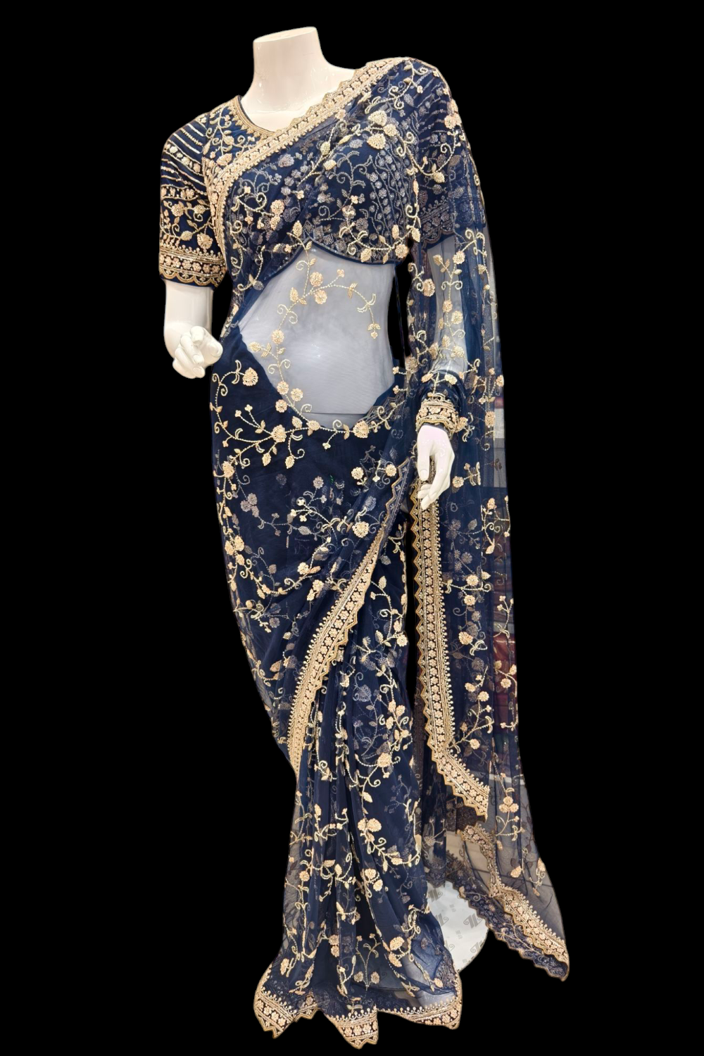 Midnight Majesty: Luxurious Navy Blue Net Saree with Intricate Embroidery