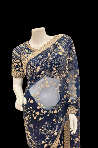 Midnight Majesty: Luxurious Navy Blue Net Saree with Intricate Embroidery