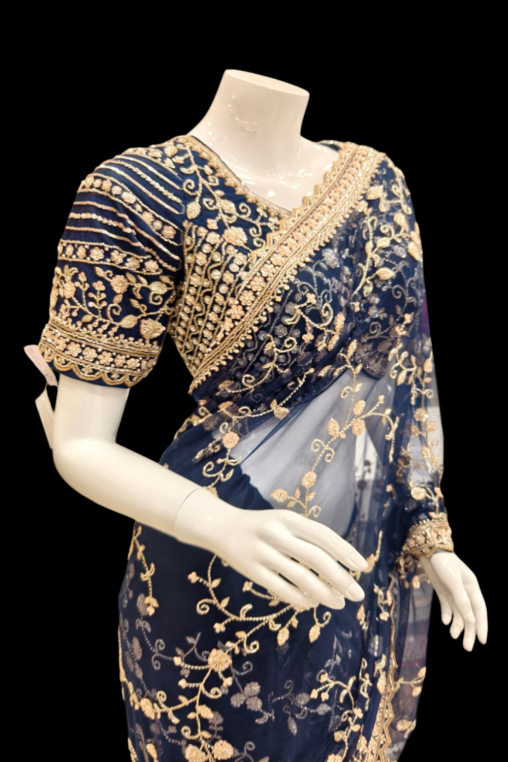 Midnight Majesty: Luxurious Navy Blue Net Saree with Intricate Embroidery