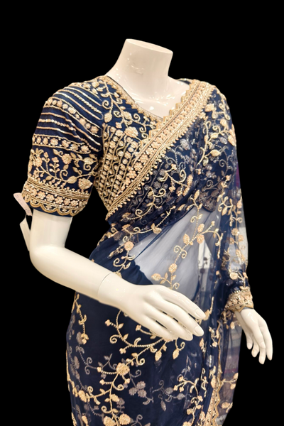 Midnight Majesty: Luxurious Navy Blue Net Saree with Intricate Embroidery