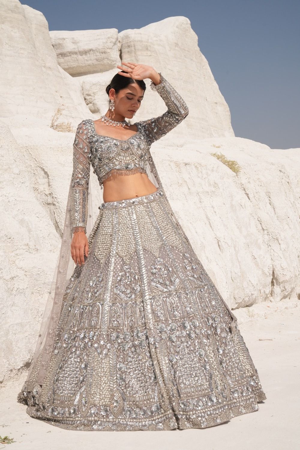 Bridal Lehenga with Heavy Embroidery in Silver
