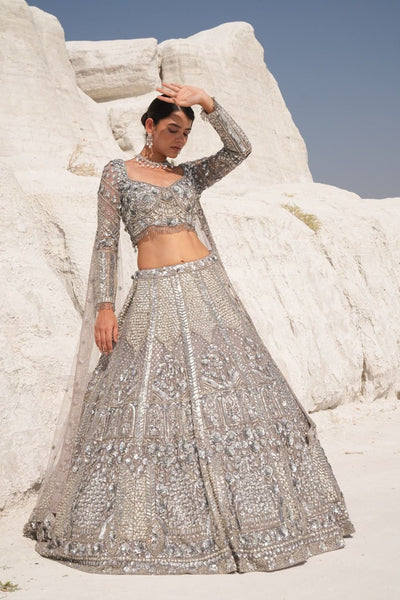 Bridal Lehenga with Heavy Embroidery in Silver