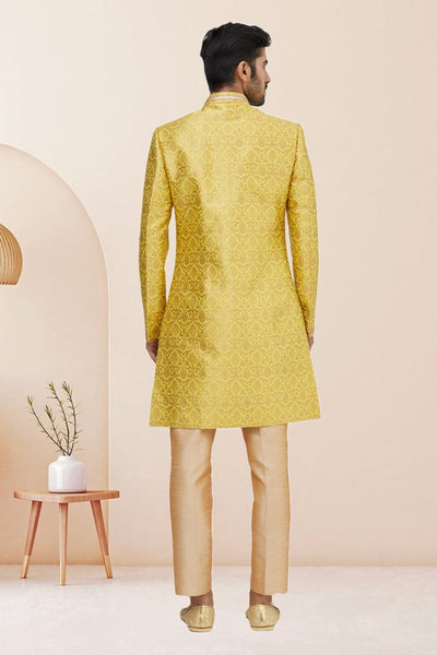 Yellow Embroidered Banarasi Silk Men Sherwani
