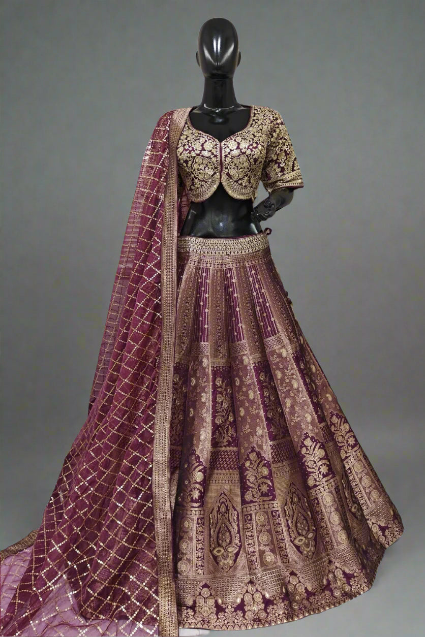 Shiny Banarasi lehenga with handwork blouse