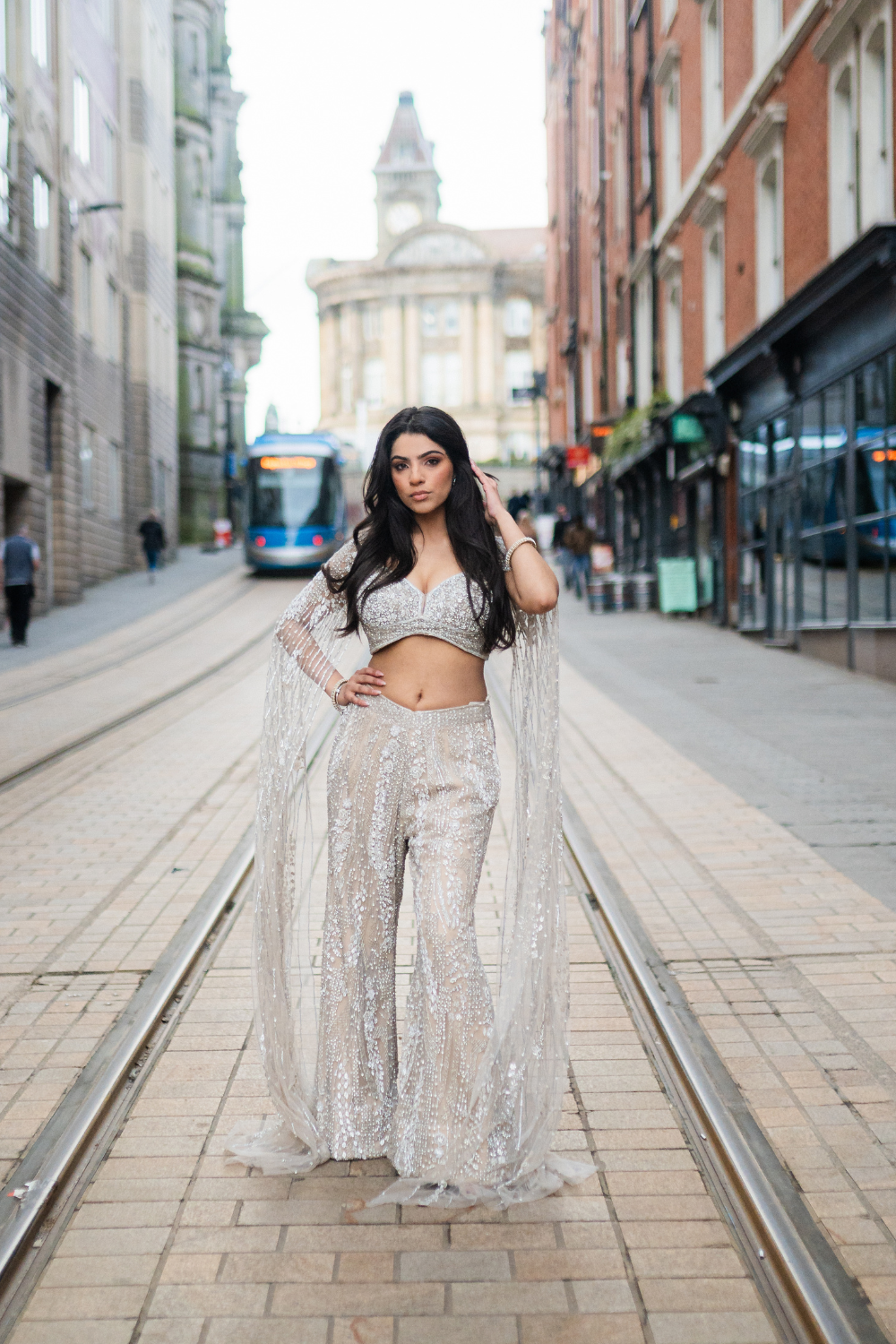 SIlver Embroidered Top with Palazzo and Cape