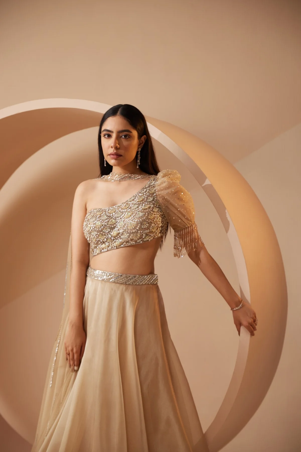 Ivory sequins work lehenga with cutdana