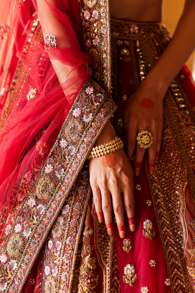 Red Embroidery Bahar Leaf Neck Bridal Lehenga Set on silk fabric