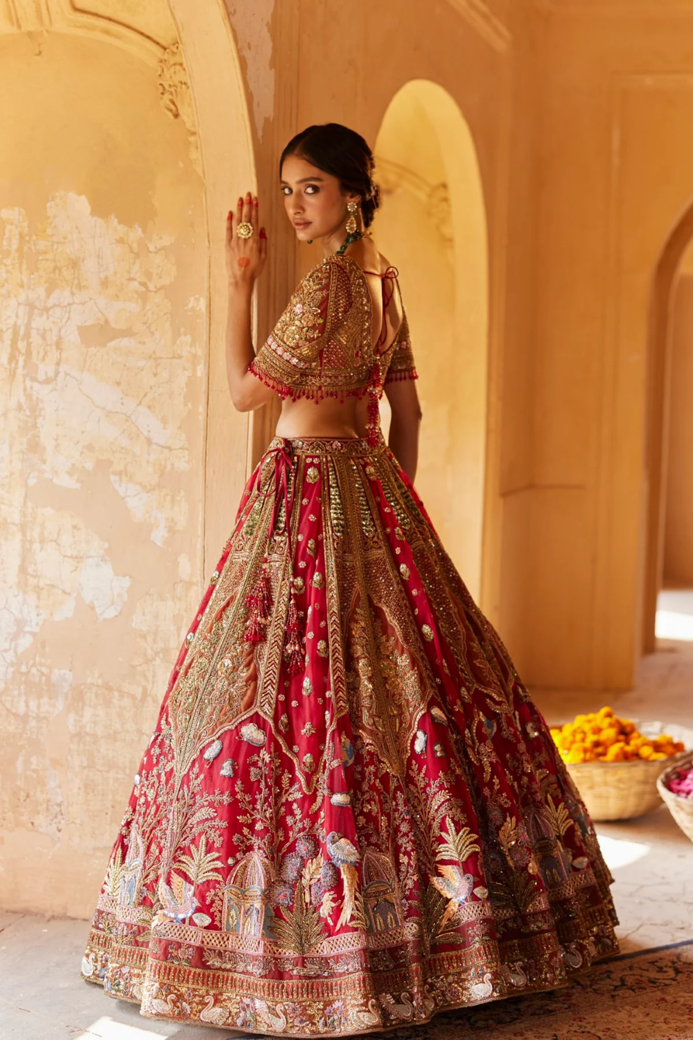 Red Embroidery Bahar Leaf Neck Bridal Lehenga Set on silk fabric