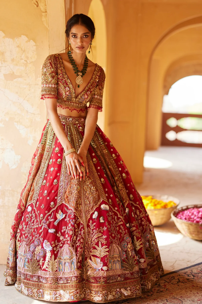 Red Embroidery Bahar Leaf Neck Bridal Lehenga Set on silk fabric