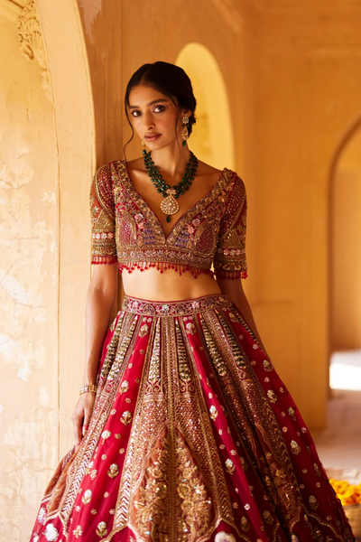 Red Embroidery Bahar Leaf Neck Bridal Lehenga Set on silk fabric