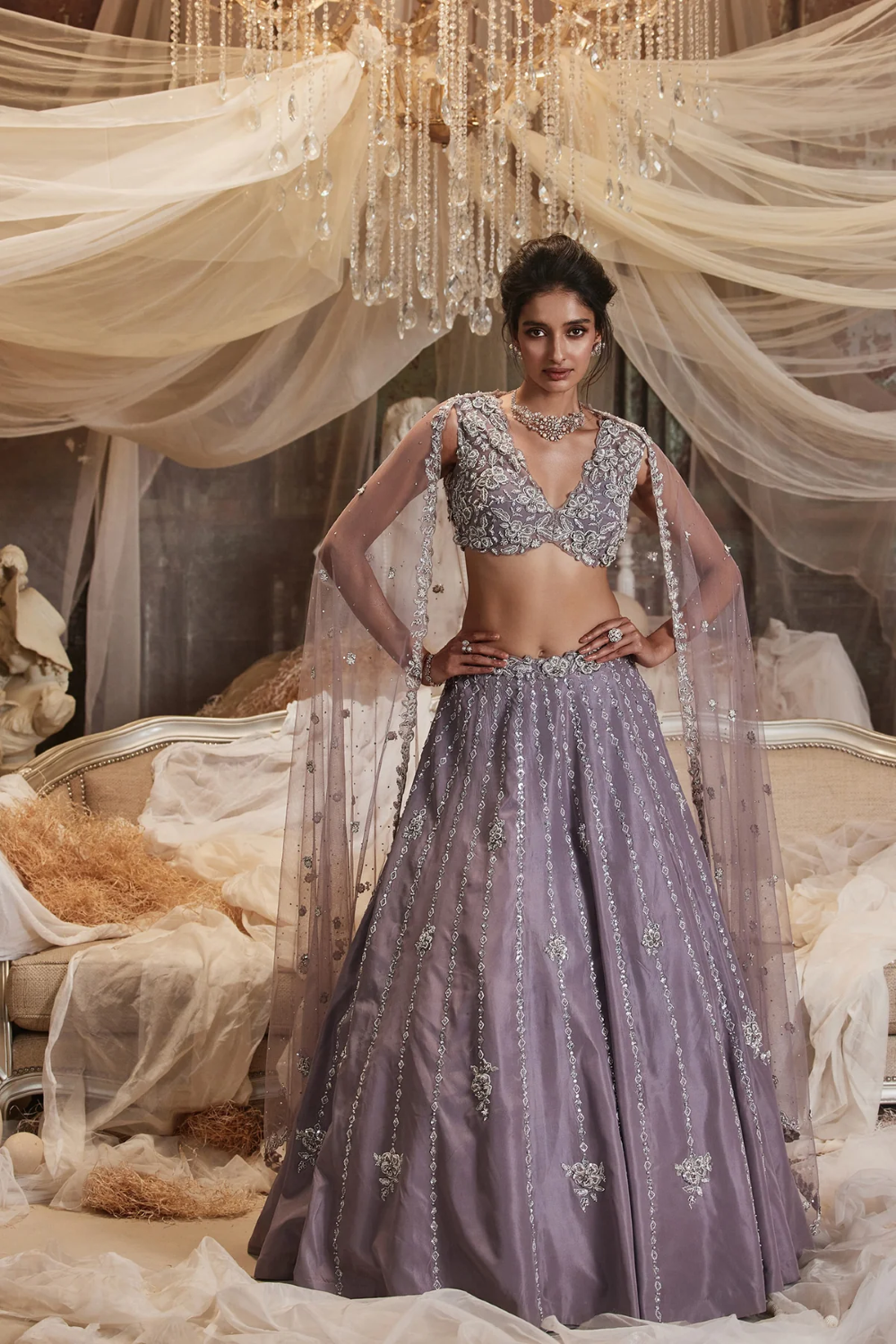 Blue Organza Embroidered Sequin Sweetheart Geometric Lehenga Set
