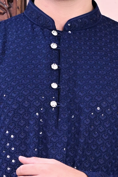 Mens Navy Blue Chikankari Embroidered Kurta Pajama