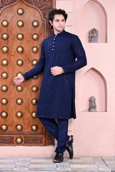 Mens Navy Blue Chikankari Embroidered Kurta Pajama