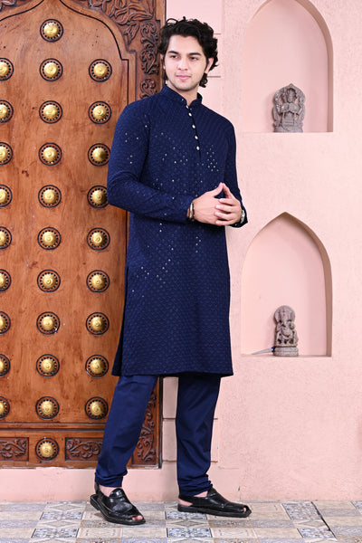Mens Navy Blue Chikankari Embroidered Kurta Pajama