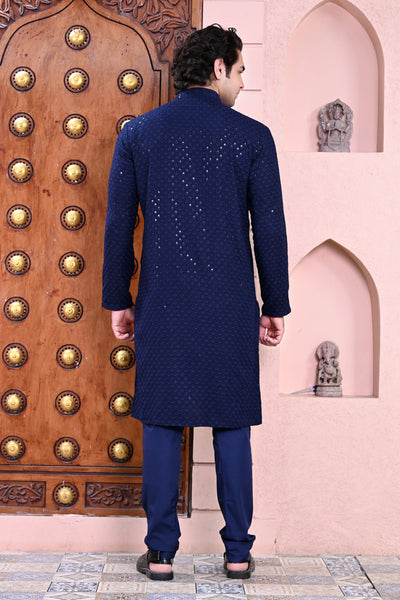 Mens Navy Blue Chikankari Embroidered Kurta Pajama