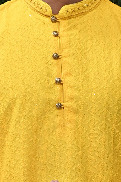 Men's Mustard Yellow Jacquard Kurta Pajama
