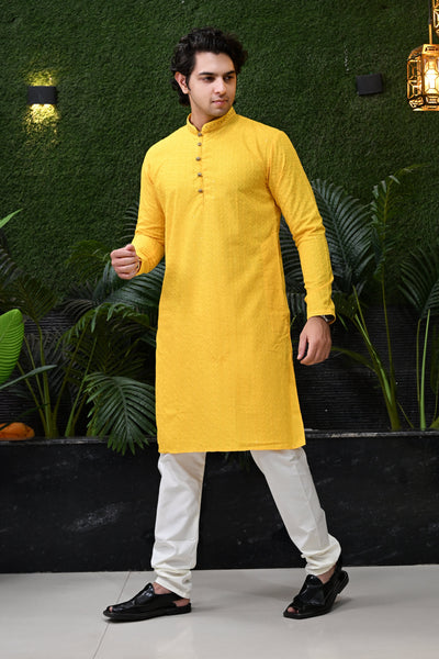 Men's Mustard Yellow Jacquard Kurta Pajama