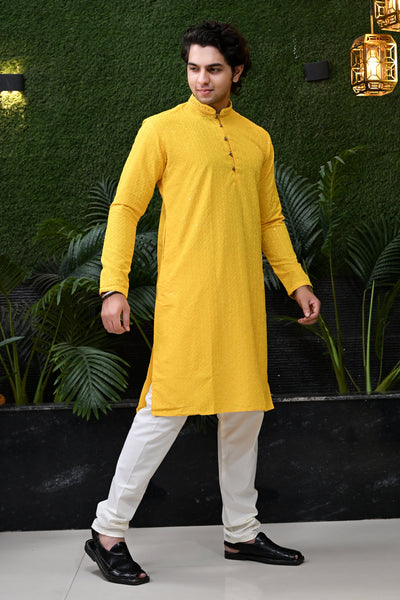 Men's Mustard Yellow Jacquard Kurta Pajama