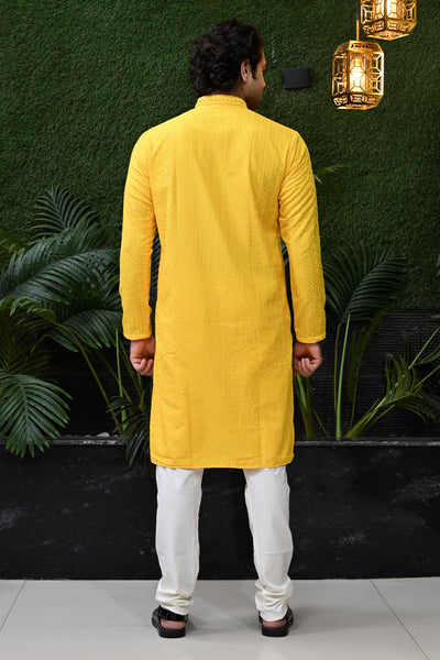 Men's Mustard Yellow Jacquard Kurta Pajama
