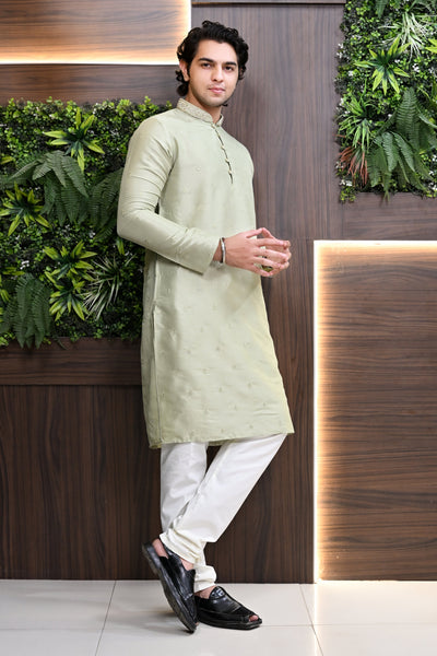Men's Light Mid Green Embroidered Kurta Pajama