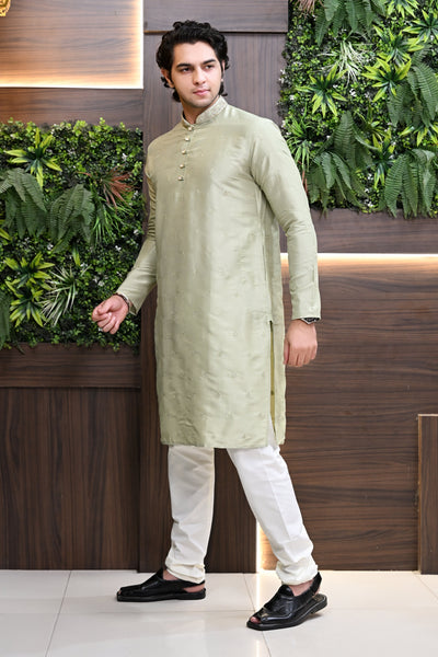 Men's Light Mid Green Embroidered Kurta Pajama