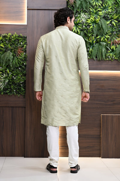 Men's Light Mid Green Embroidered Kurta Pajama