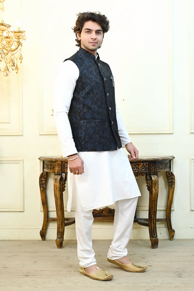 Black And Blue Floral Print Waist Coat
