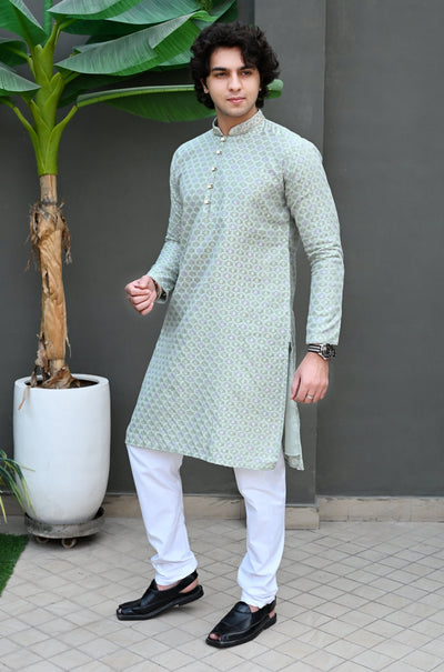 Men's Georgette Grey with Thread work Kurta Pajama