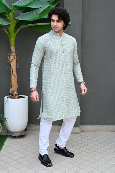 Men's Georgette Grey with Thread work Kurta Pajama