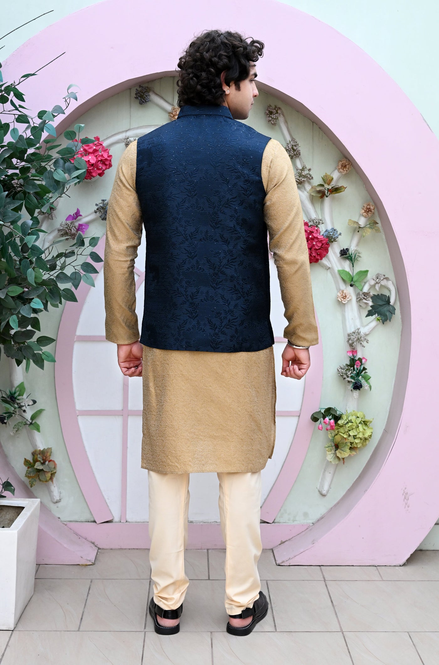 Men's Navy Blue Printed Waist Coat