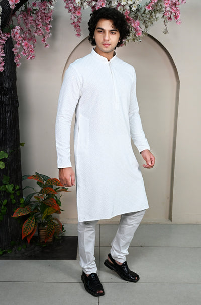 Men's White Chikankari Embroidered Kurta Pajama