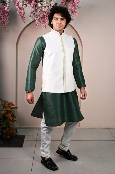 Men's White Sequins Embroidered Waist Coat