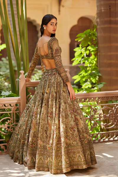 Brown Lehenga And Blouse Raw Silk Embroidery with sweetheart neck
